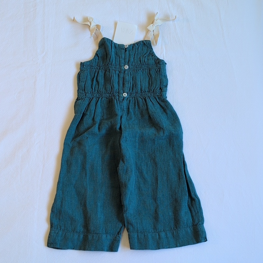 Zara Kids Girls NWT 100% Linen Jumpsuit Teal Green 1.5Y - Picture 2 of 8